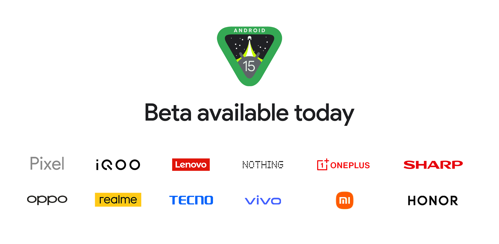 Imagem mostrando os logotipos de vários fabricantes de telefones que estão aderindo ao programa beta do Android 15.