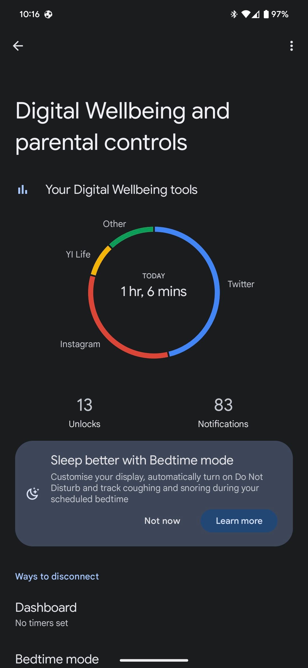 captura de tela das configurações do modo hora de dormir no Android