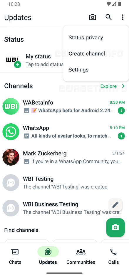 Uma captura de tela do menu Atualizações do WhatsApp mostrando a nova localização do botão de criação de canal.