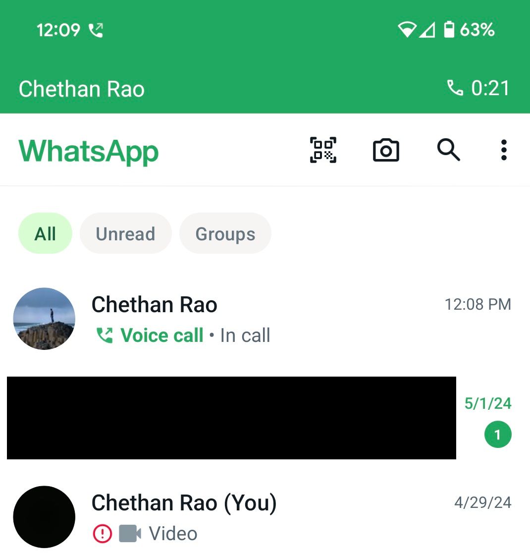 Barra superior do aplicativo de chamada de voz do WhatsApp antiga