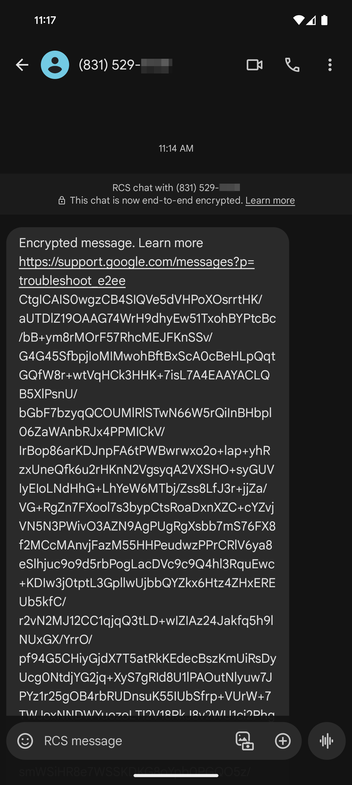 Uma captura de tela da mensagem criptografada no Mensagens do Google.