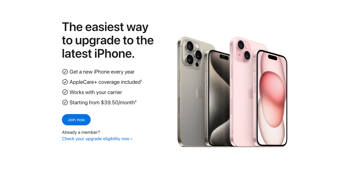 banner do programa de atualização do iphone mostrando as etapas e o slogan "a maneira mais fácil de atualizar para o iPhone mais recente" ao lado de imagens da série iPhone 15