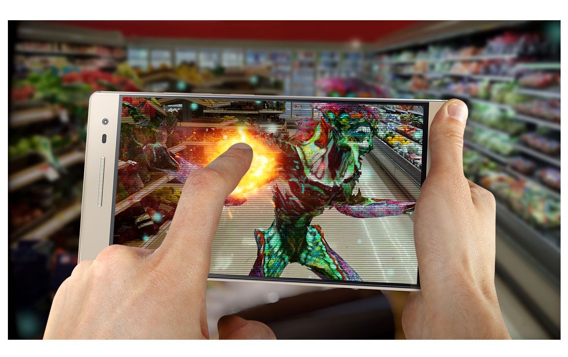 Um jogo de realidade aumentada jogado em um smartphone Lenovo