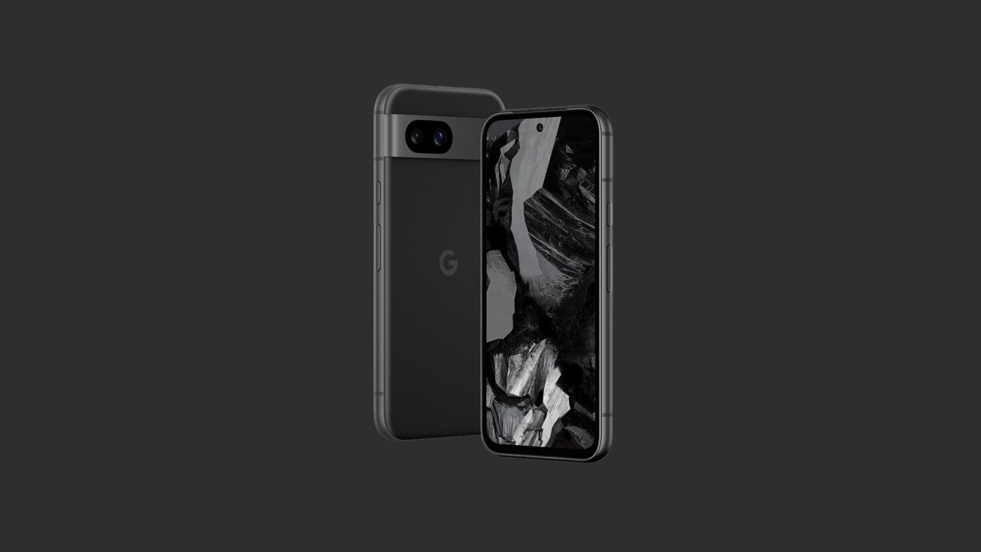 Google Pixel 8a em Obsidian em fundo preto escuro