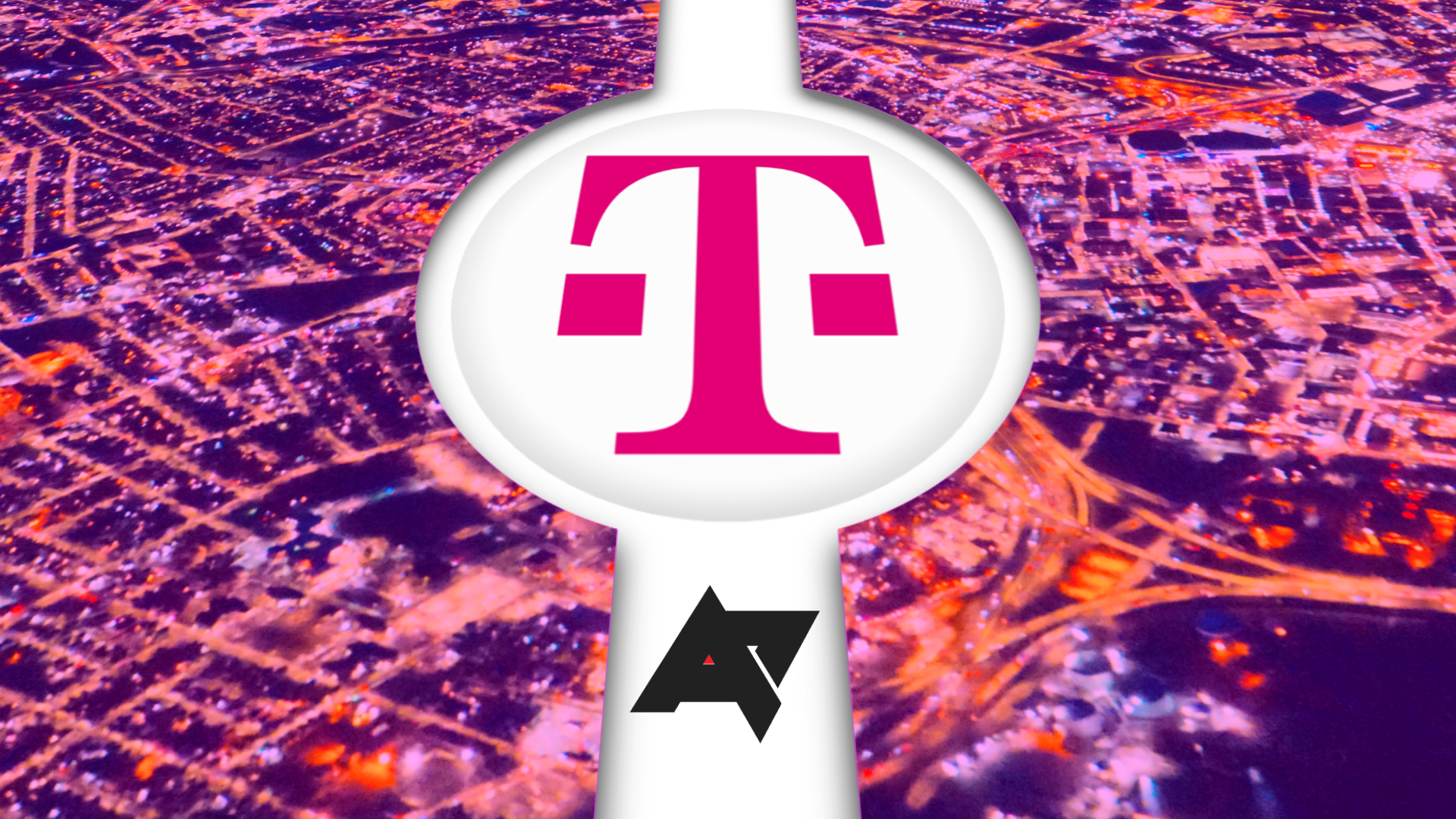 O logotipo da T-Mobile com uma imagem superior de uma cidade ao fundo