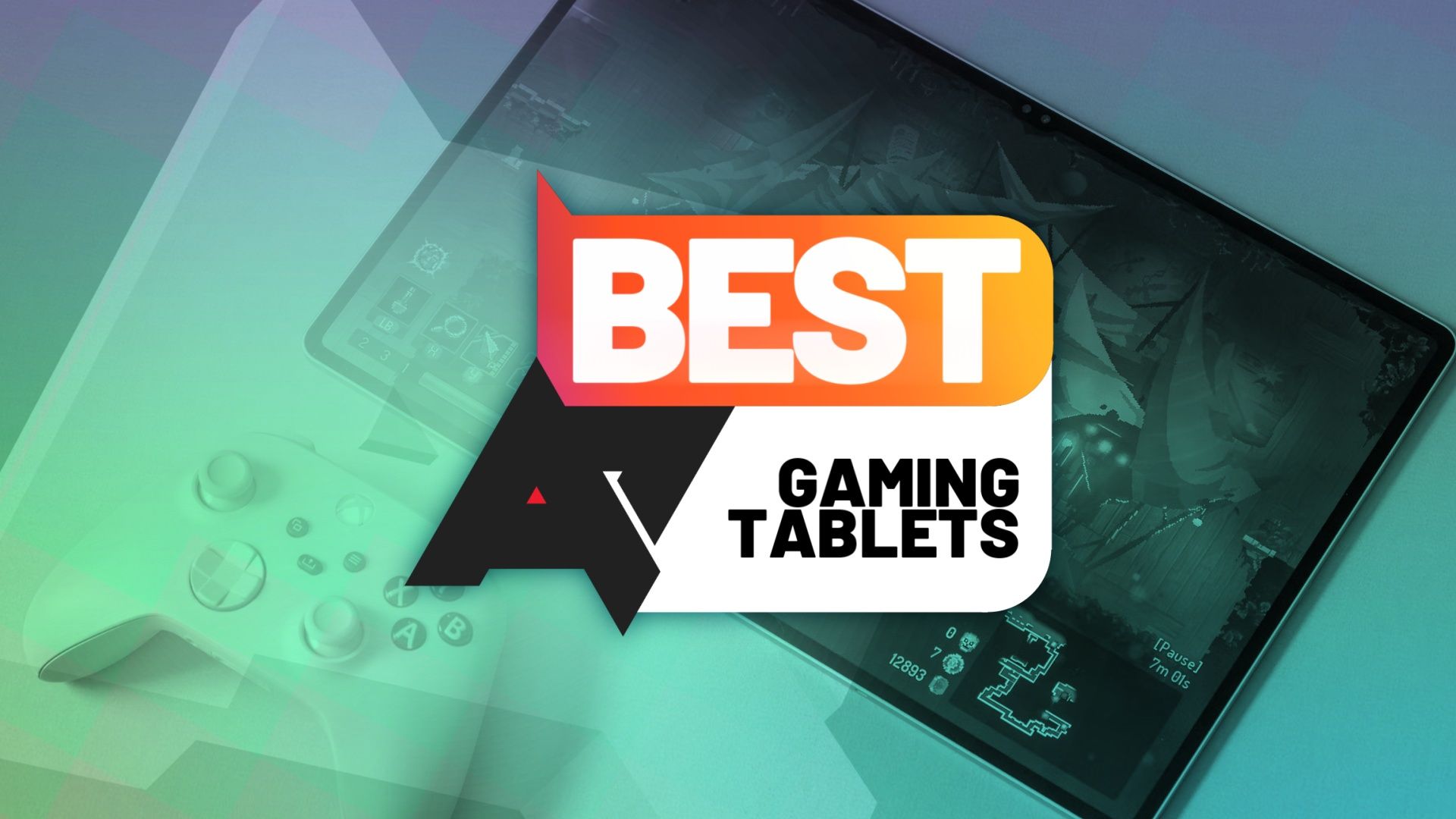 Uma foto de um tablet rodando um jogo com um controle Xbox próximo a ele e um logotipo da AP Best Gaming Tablets