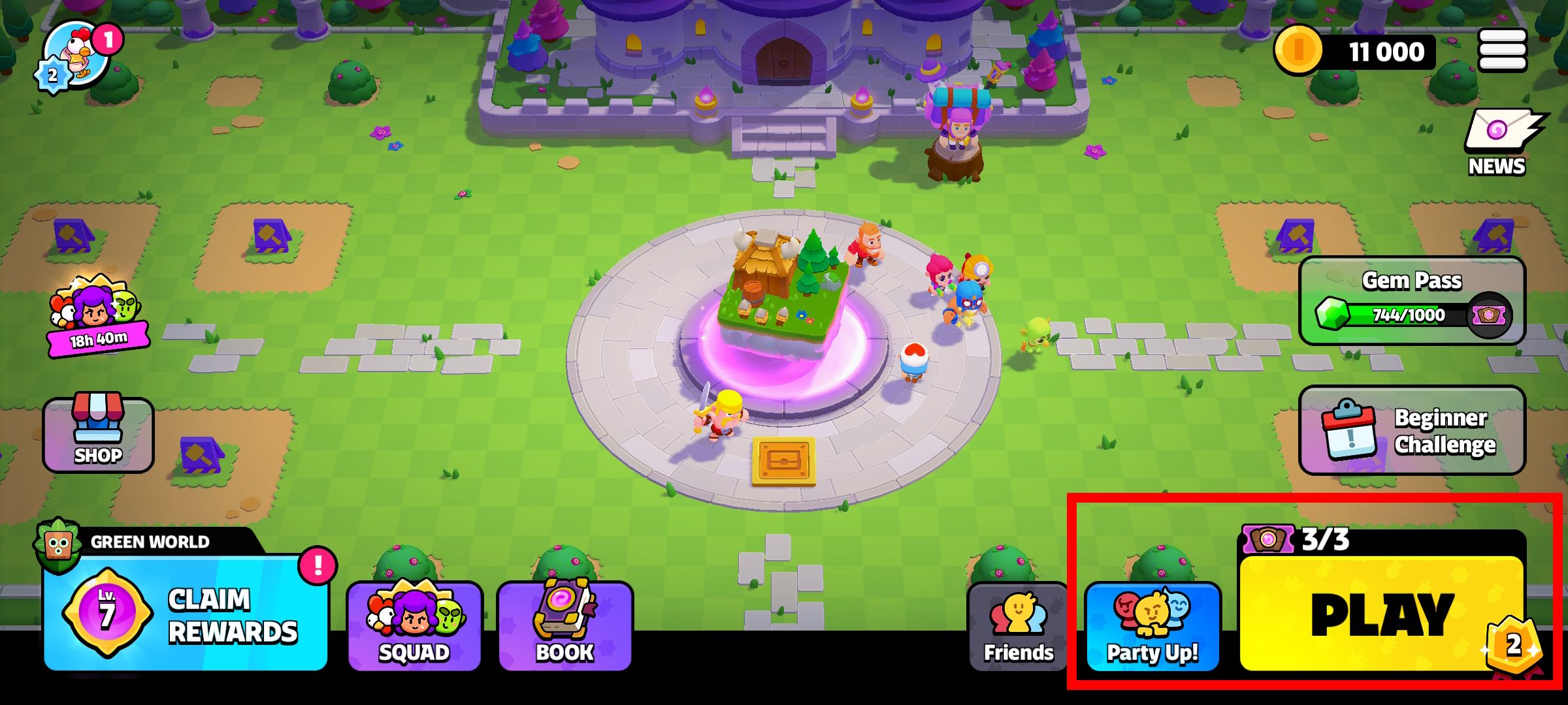 contorno de retângulo vermelho sobre o botão Party Up e Play no menu principal dos Squad Busters