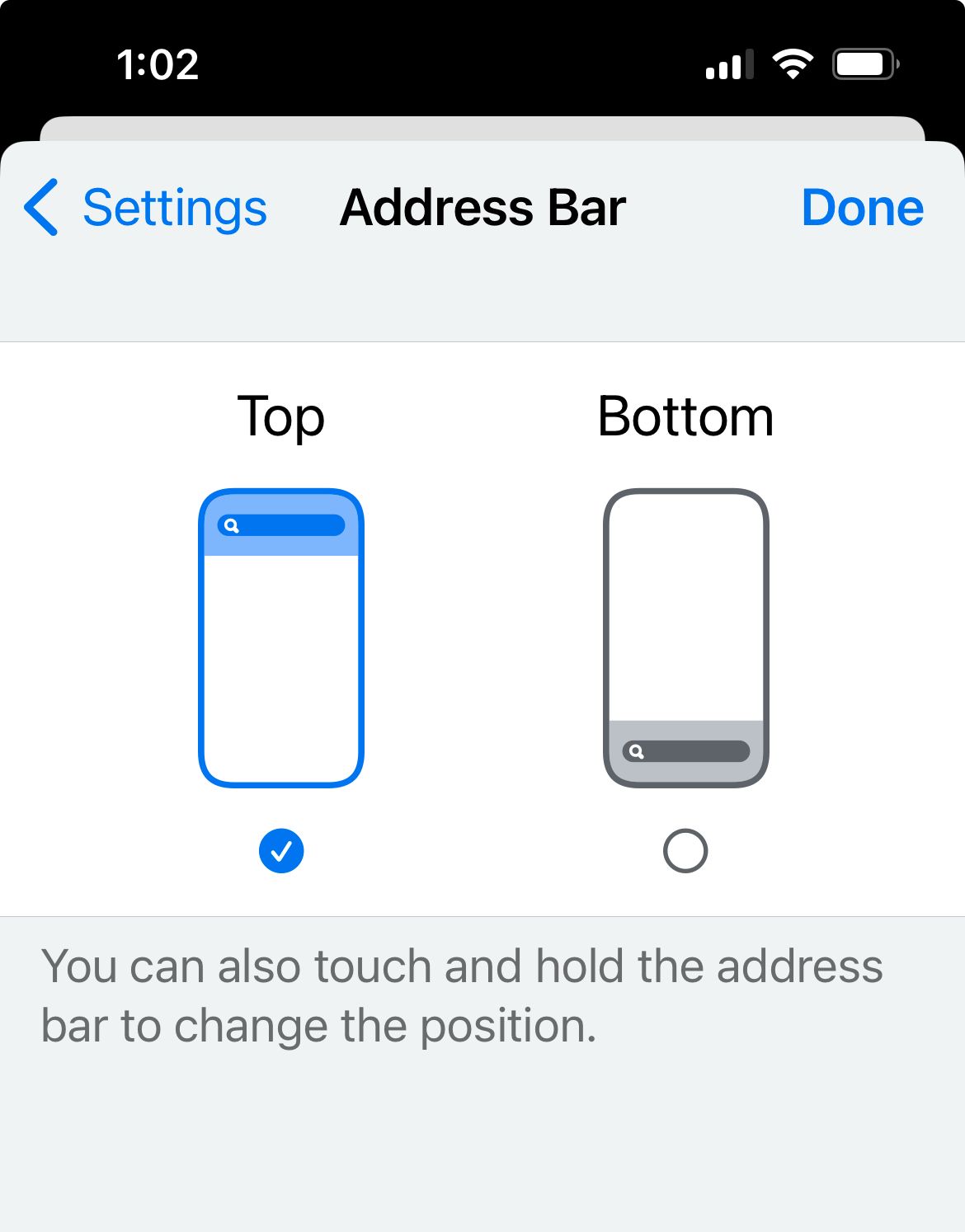 A opção do Chrome para iOS para mover a barra de endereço para a parte inferior da tela.