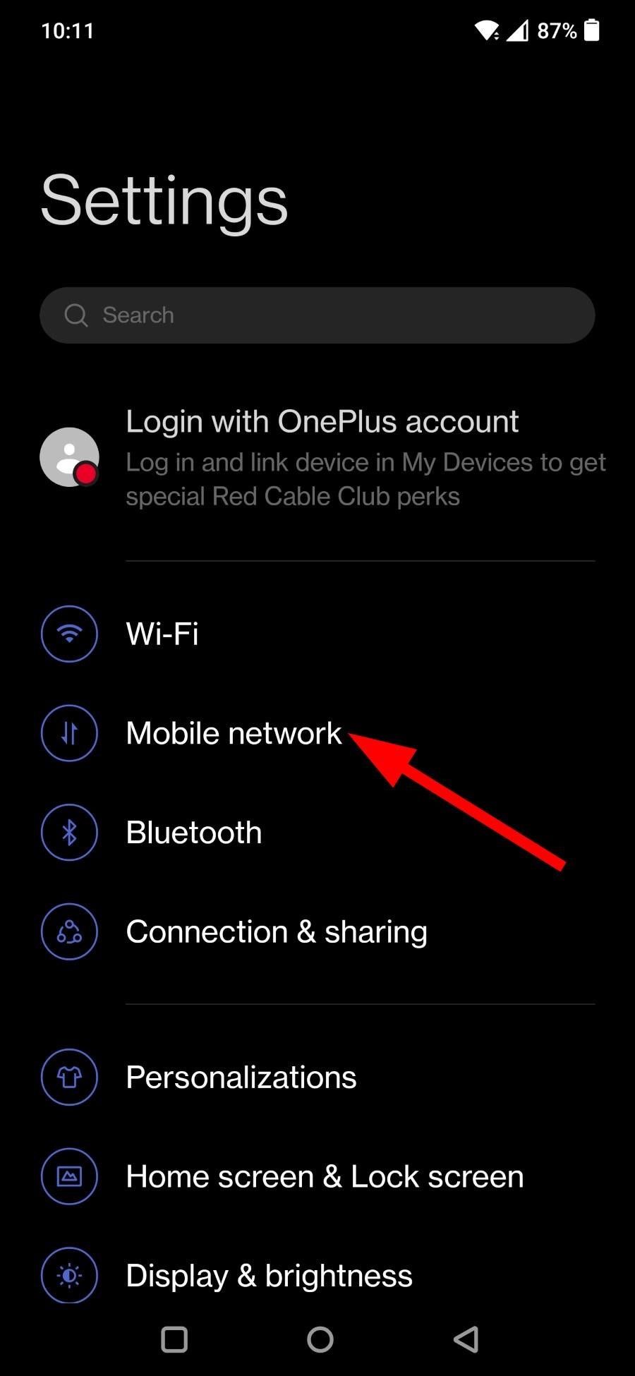 Opção de rede móvel dentro do menu Configurações do OnePlus 7 Pro