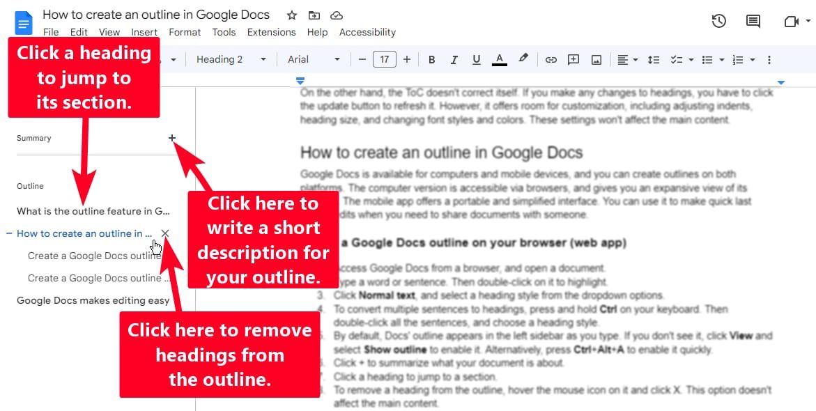 Barra lateral de contorno no Google Docs no Chrome