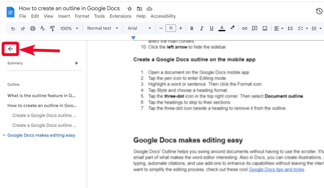 Fechando a barra lateral do esboço no Google Docs