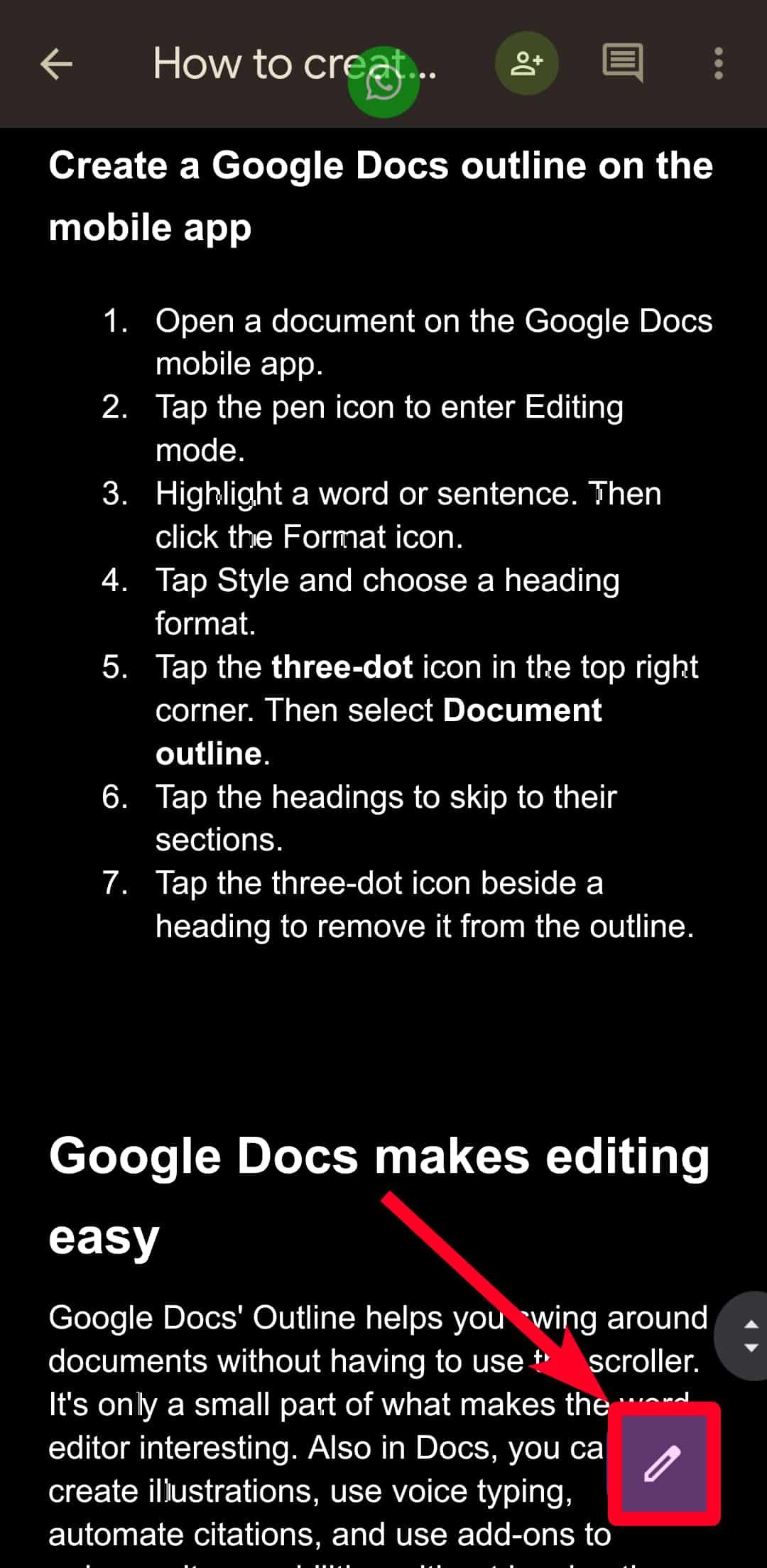Modo de edição no aplicativo móvel Google Docs
