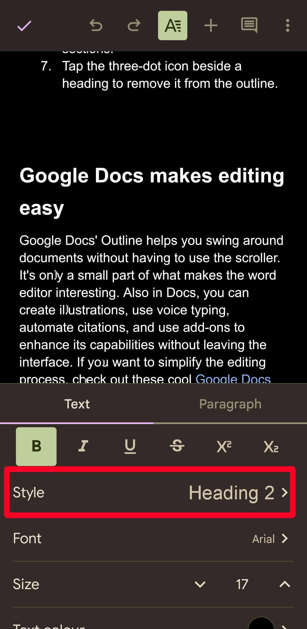 Opções de formato no aplicativo móvel Google Docs