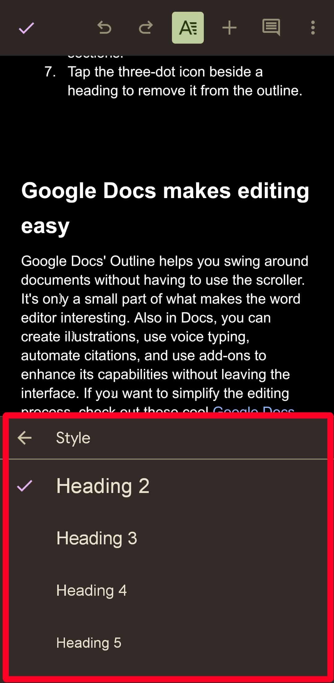 Selecionando um estilo de título no aplicativo móvel Google Docs