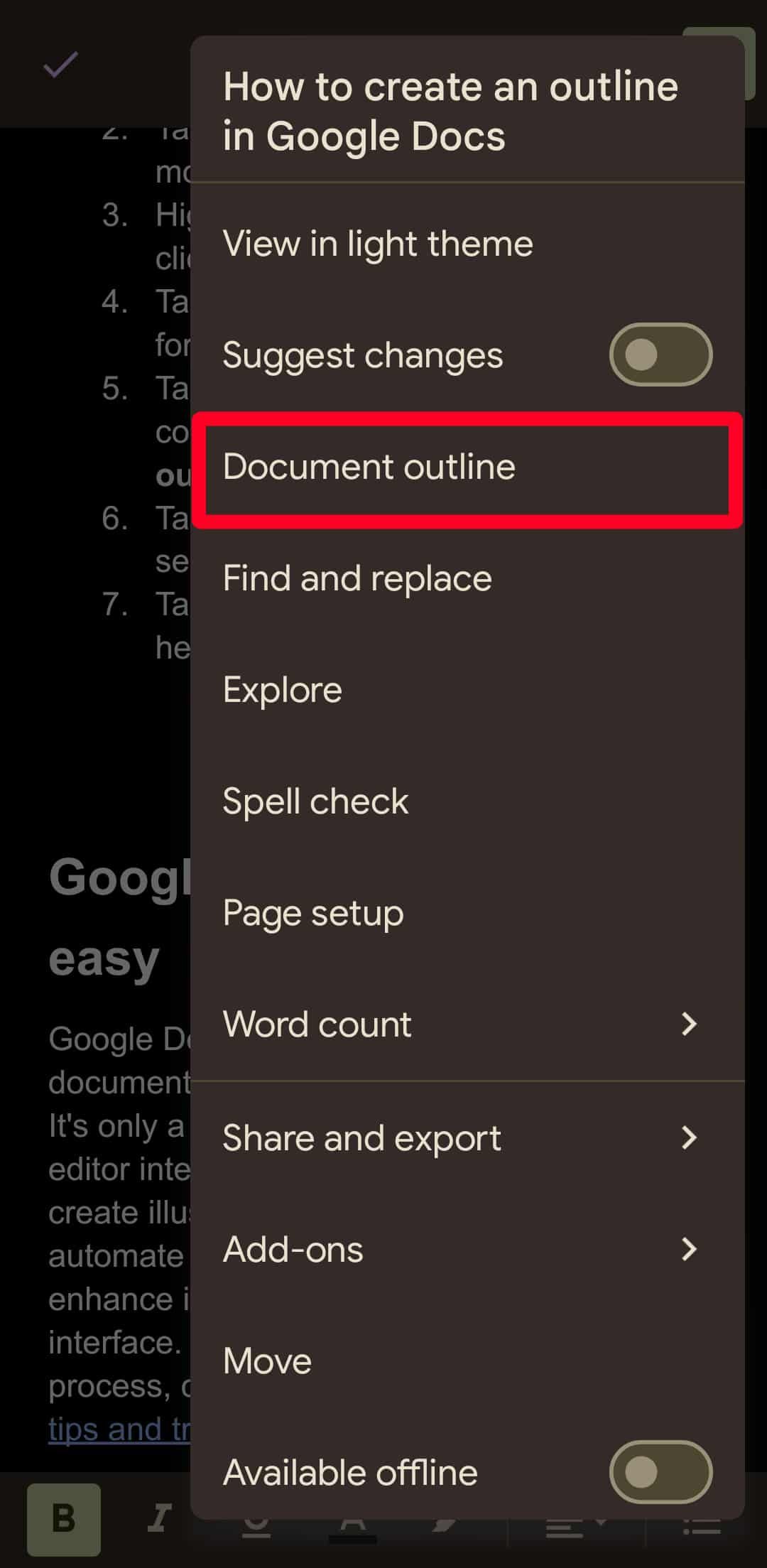 Opção de esboço de documento no menu do Google Docs em um telefone Android