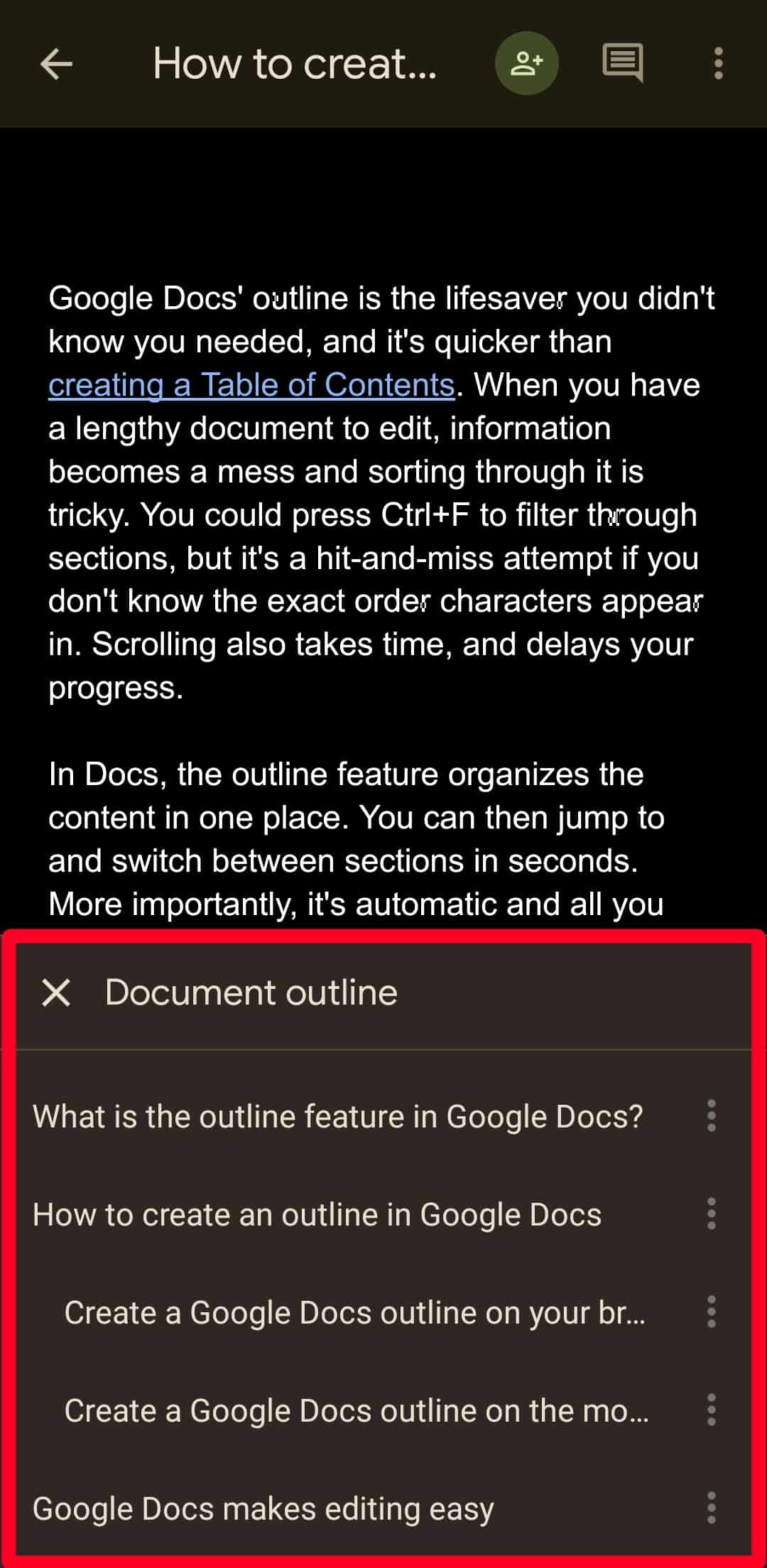 Esboço do documento no aplicativo móvel Google Docs