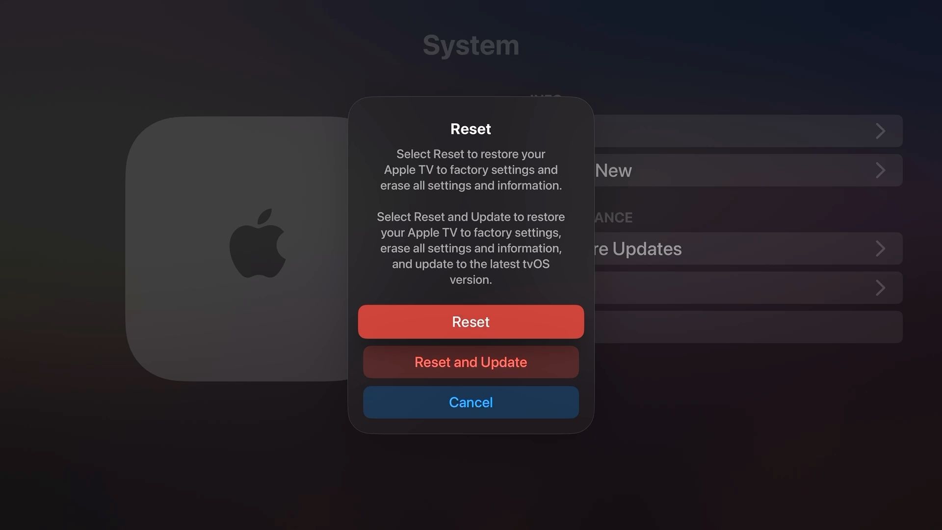Captura de tela mostrando a opção para redefinir o Apple TV