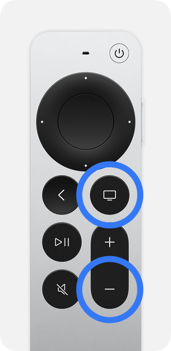 Controle remoto da Apple TV com botões de TV e diminuir volume em destaque