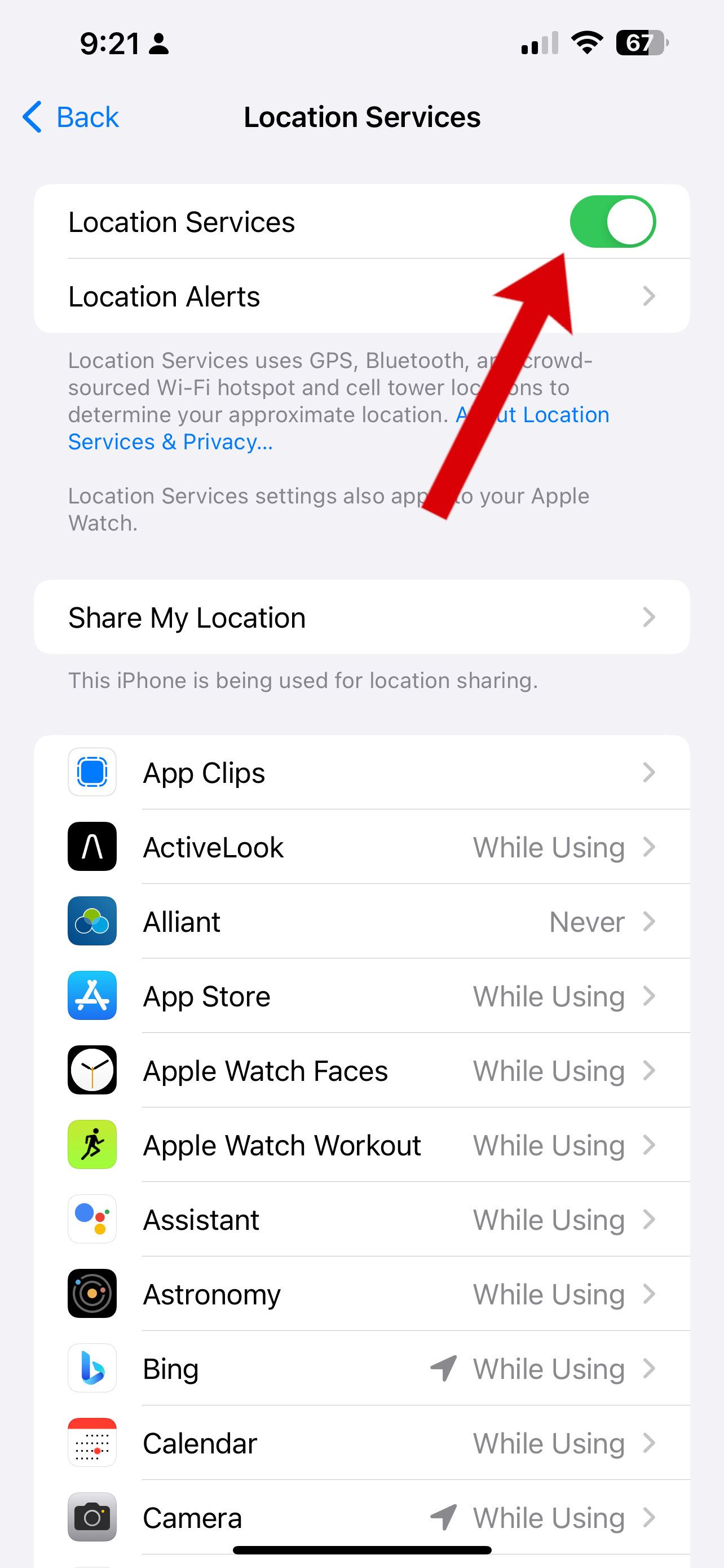 Uma captura de tela das configurações do iPhone mostra como encontrar os serviços de localização.