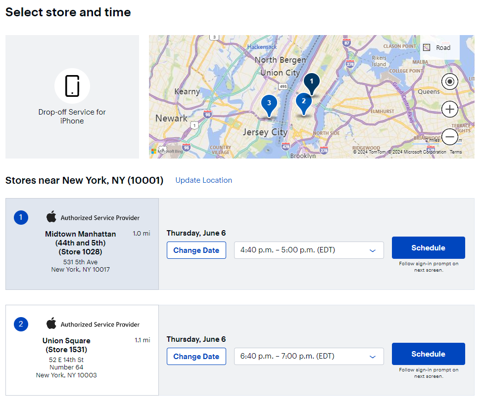 Uma captura de tela do site da Best Buy que mostra vários locais autorizados onde um reparo da Apple pode ser agendado.