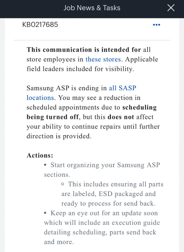 Uma captura de tela da comunicação interna da Best Buy que indica que o programa de provedor de serviços autorizado está chegando ao fim e que os funcionários devem estar prontos para enviar peças de volta à Samsung 