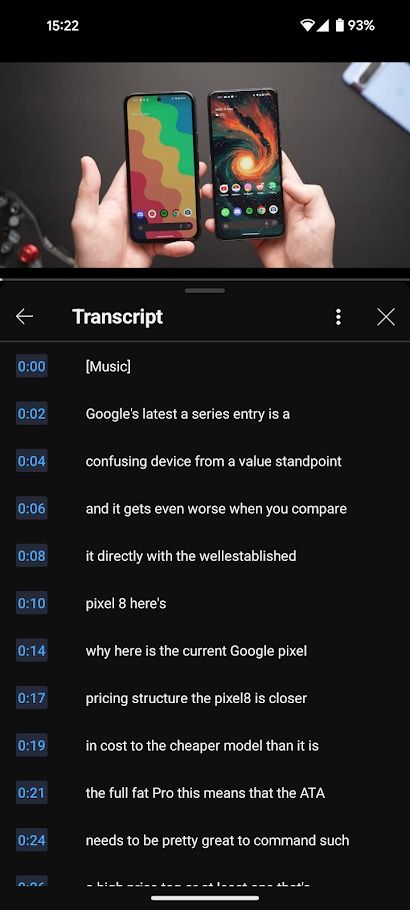 aplicativo móvel do youtube reproduzindo vídeo com transcrição
