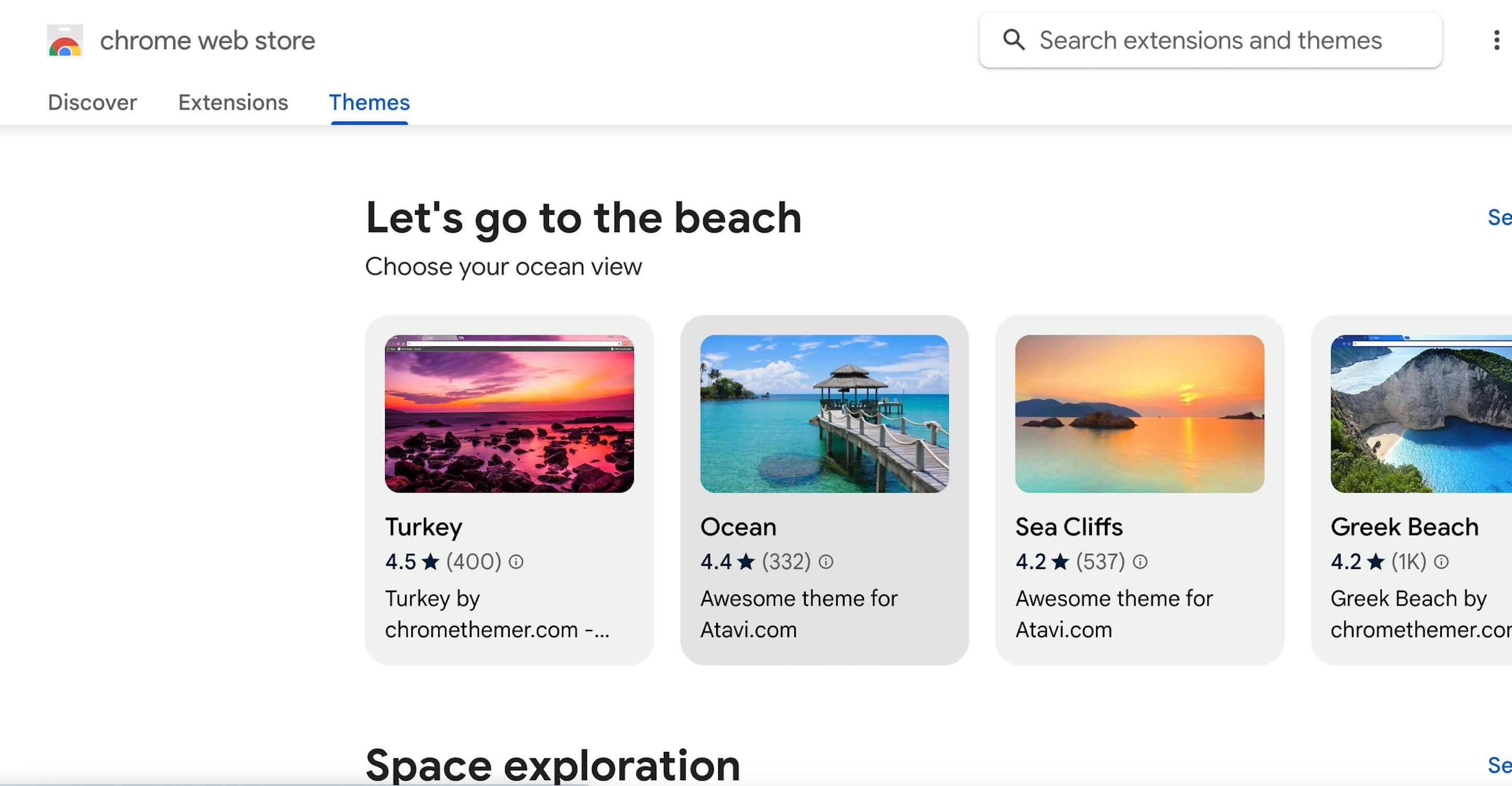 Uma captura de tela da loja de temas do Google Chrome.