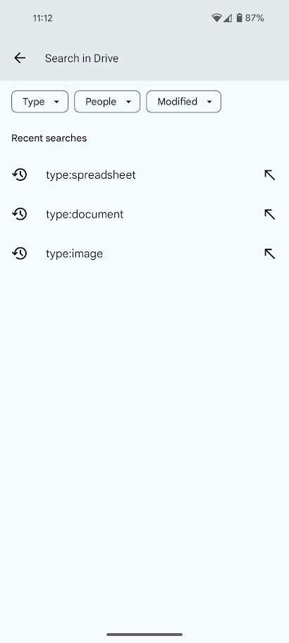 filtros de pesquisa do Google Drive no Android