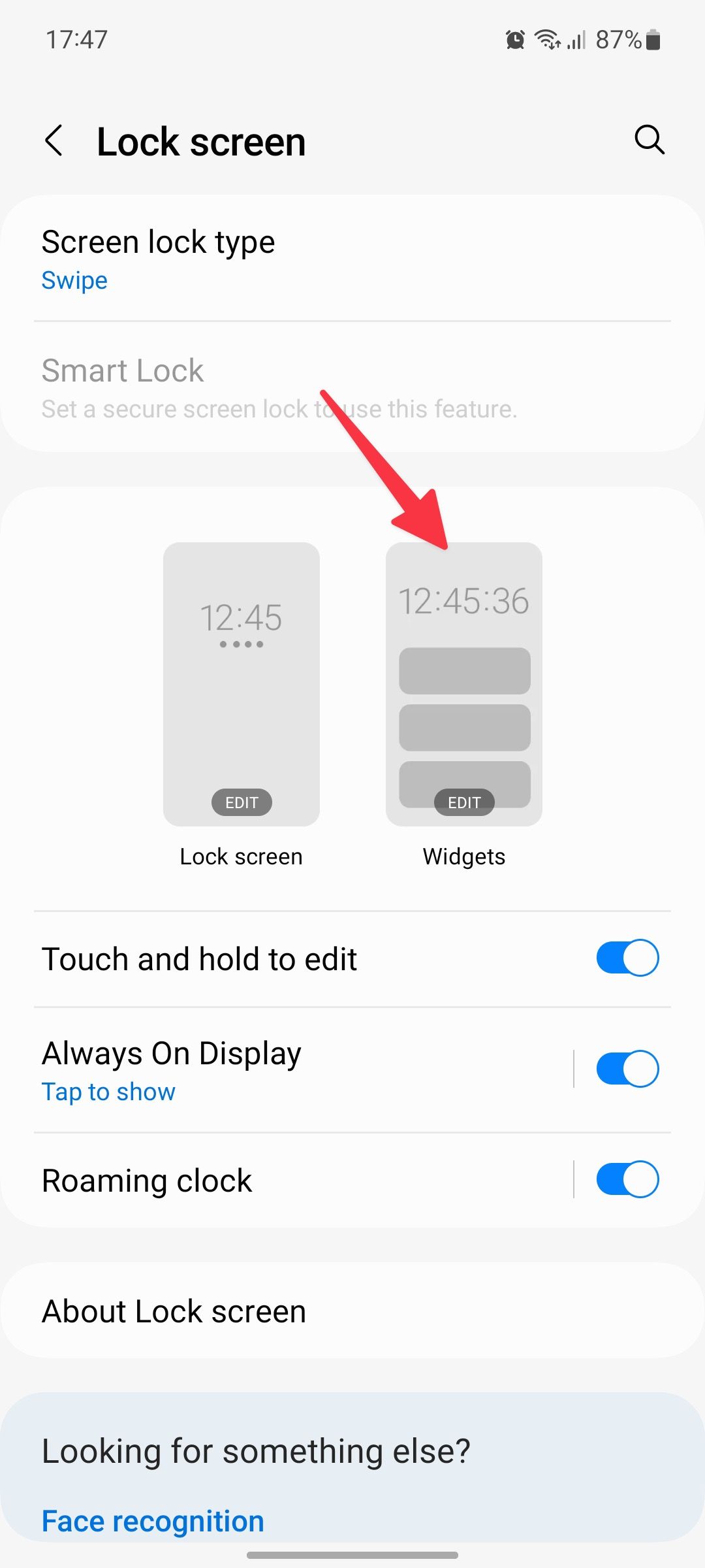 selecione widgets no Samsung One UI
