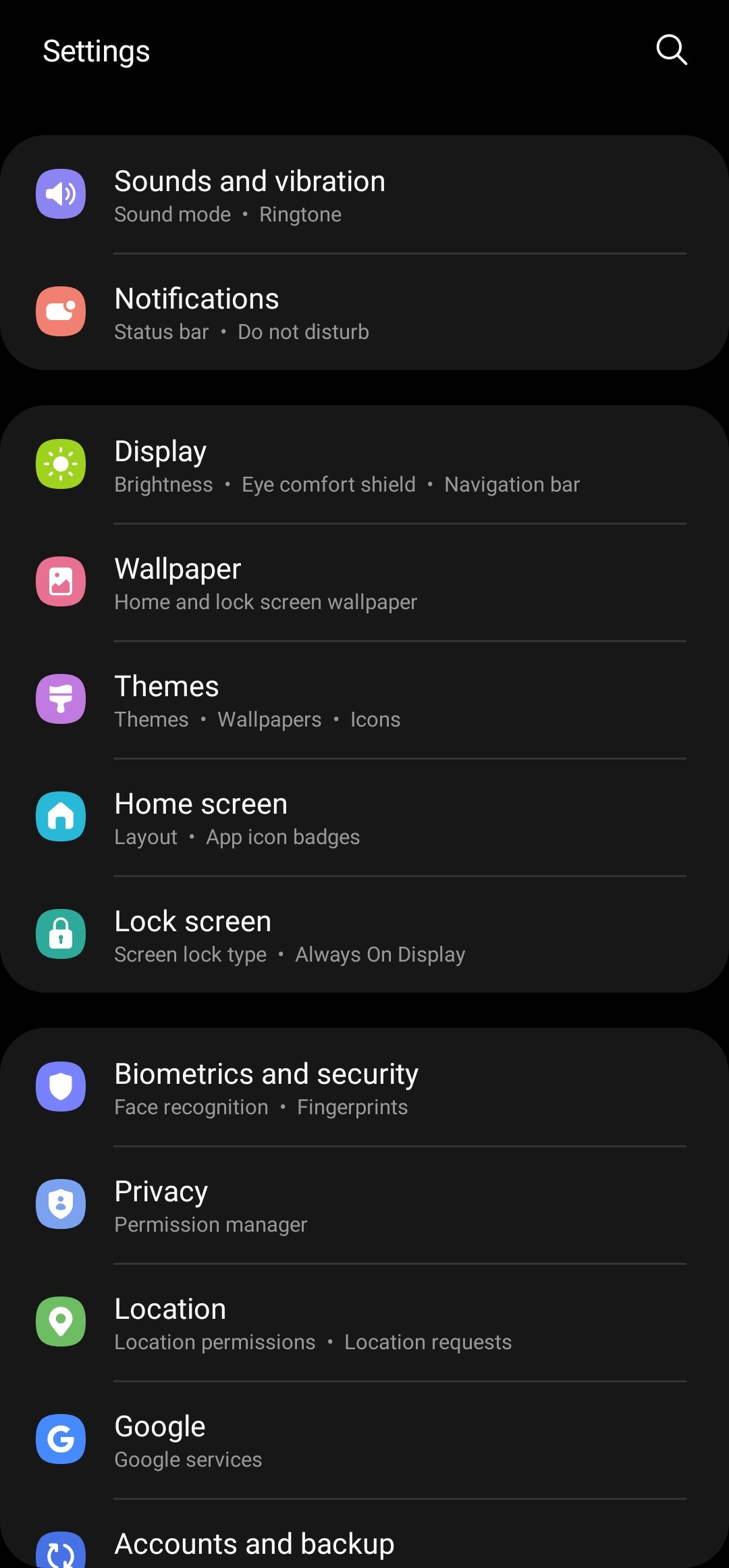 Captura de tela mostrando o menu de configurações no telefone Samsung Galaxy