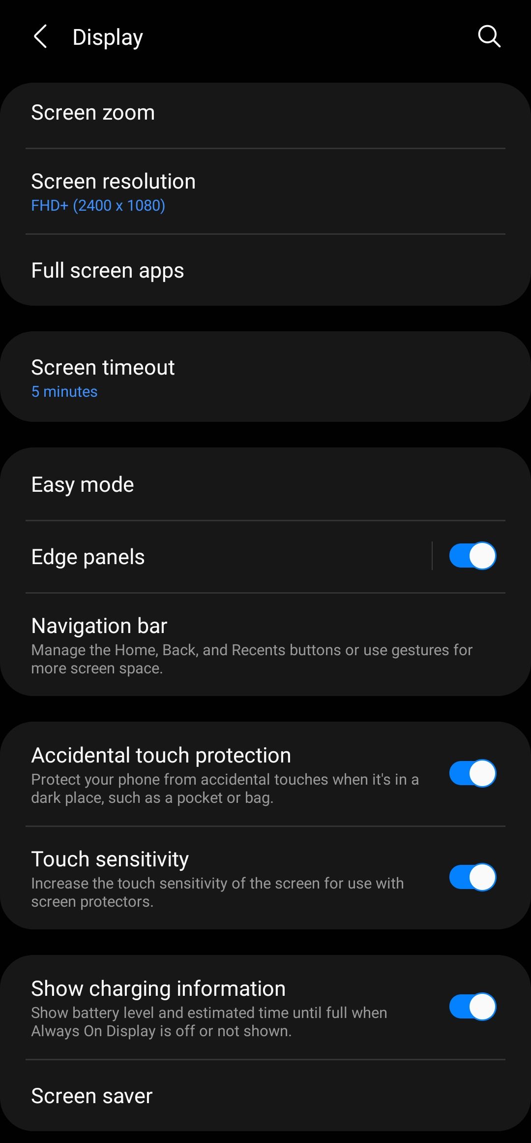 Captura de tela mostrando o menu Exibir no telefone Samsung Galaxy 