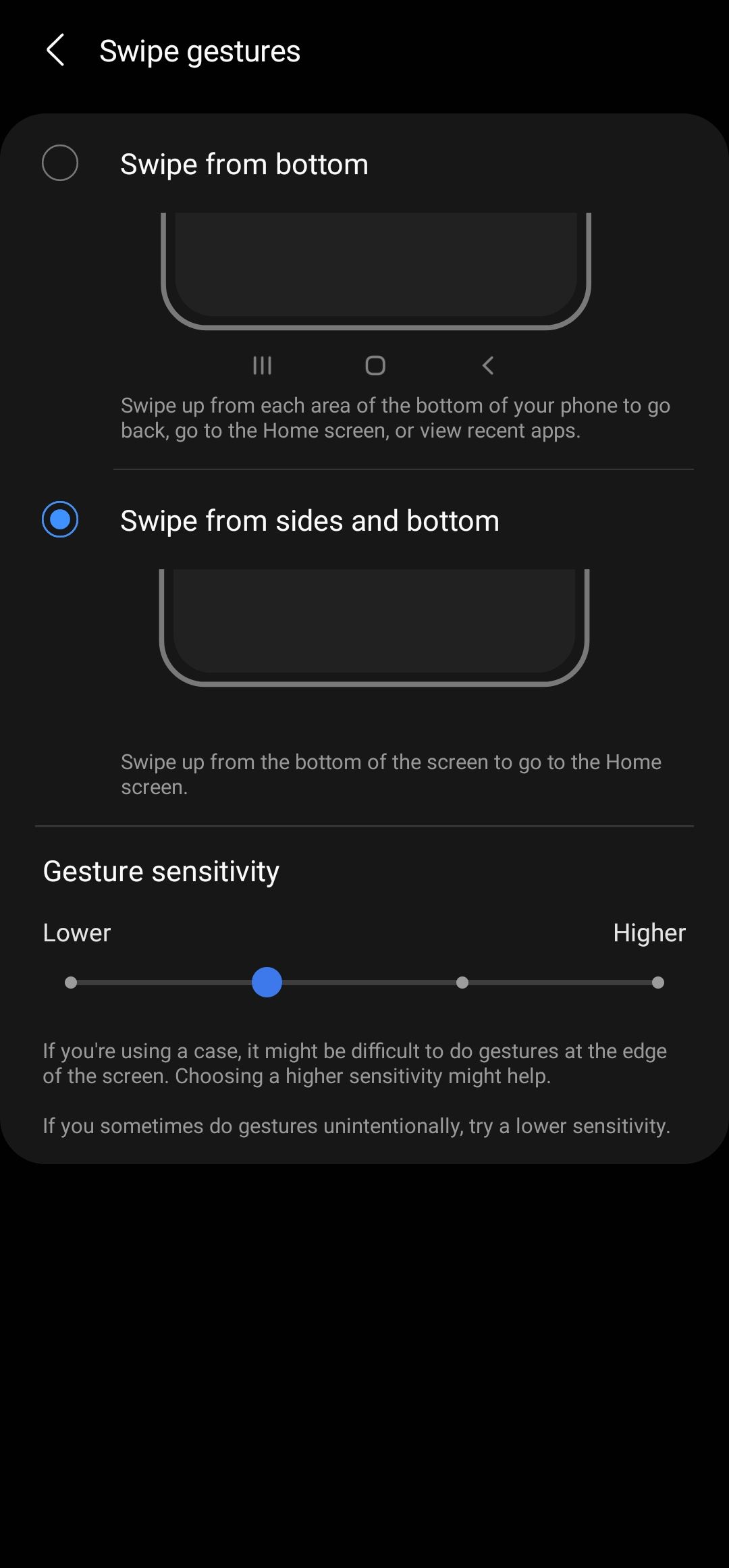 Captura de tela mostrando as configurações de gestos de deslizar no telefone Samsung Galaxy