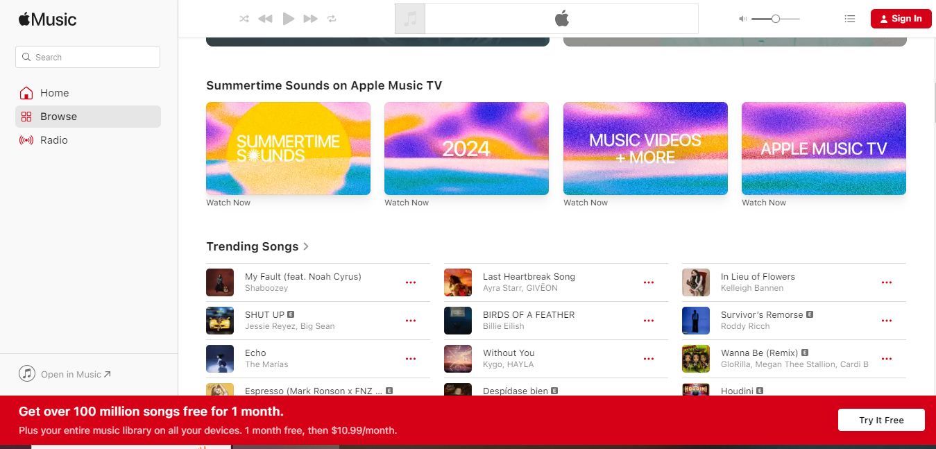 Captura de tela da tela de login do site Apple Music