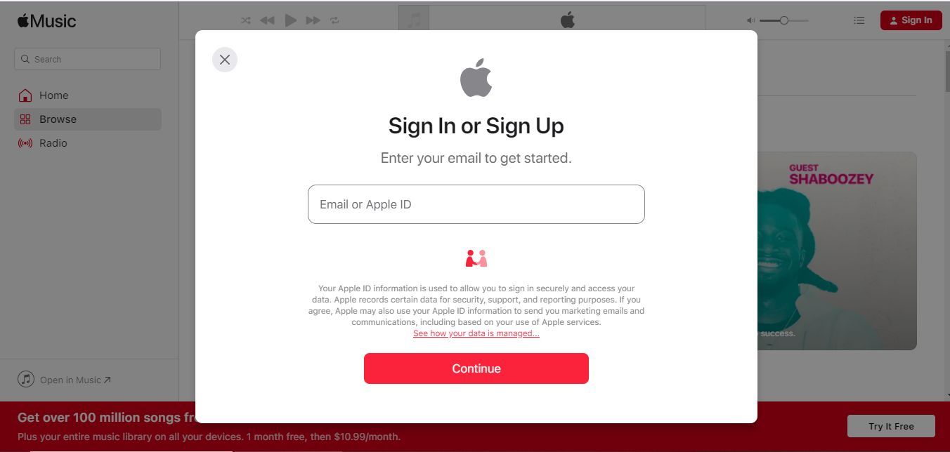 Captura de tela mostrando a tela de login do Apple Music em um navegador