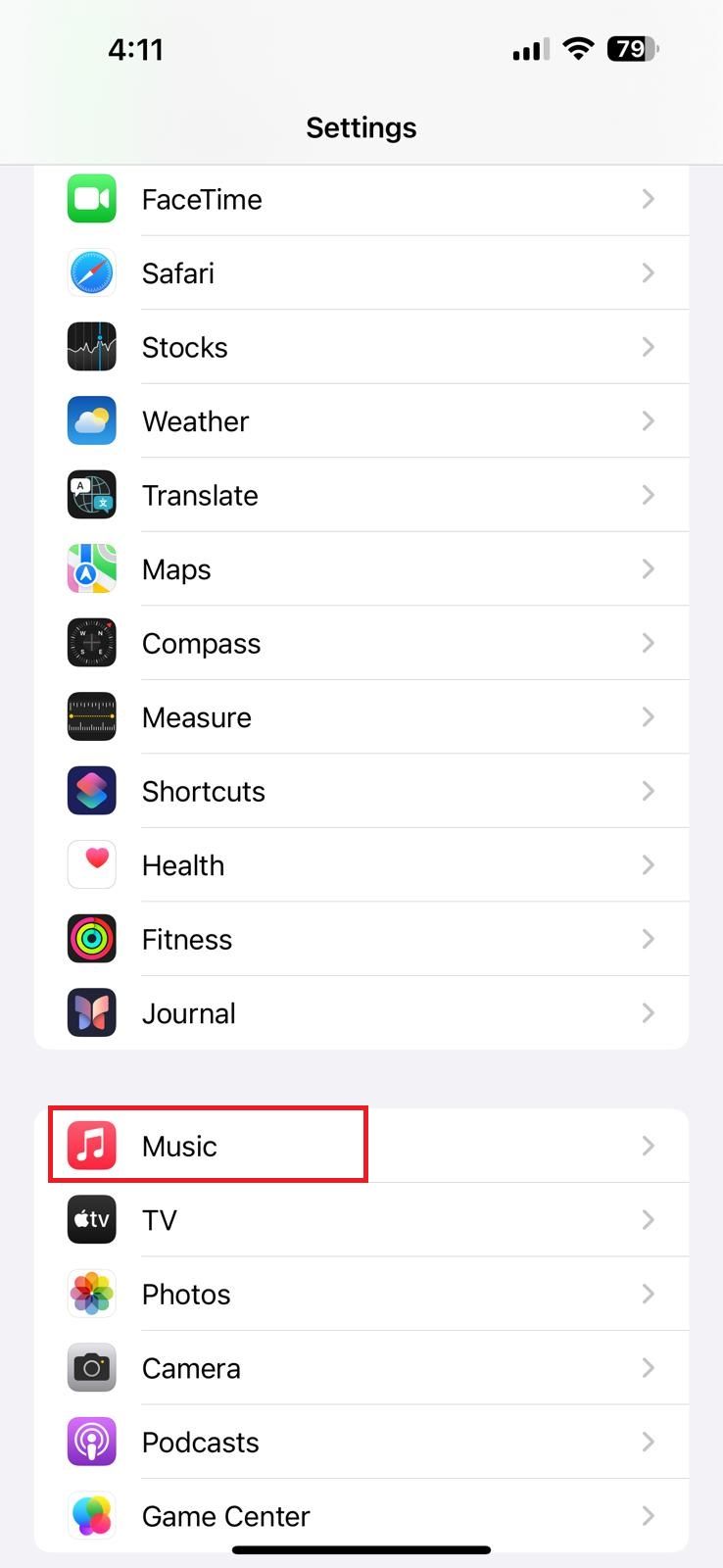 Captura de tela destacando Música no aplicativo Configurações no iOS