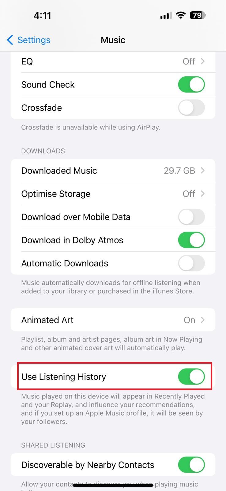 Captura de tela destacando Usar histórico de audição em Música nas configurações do iOS