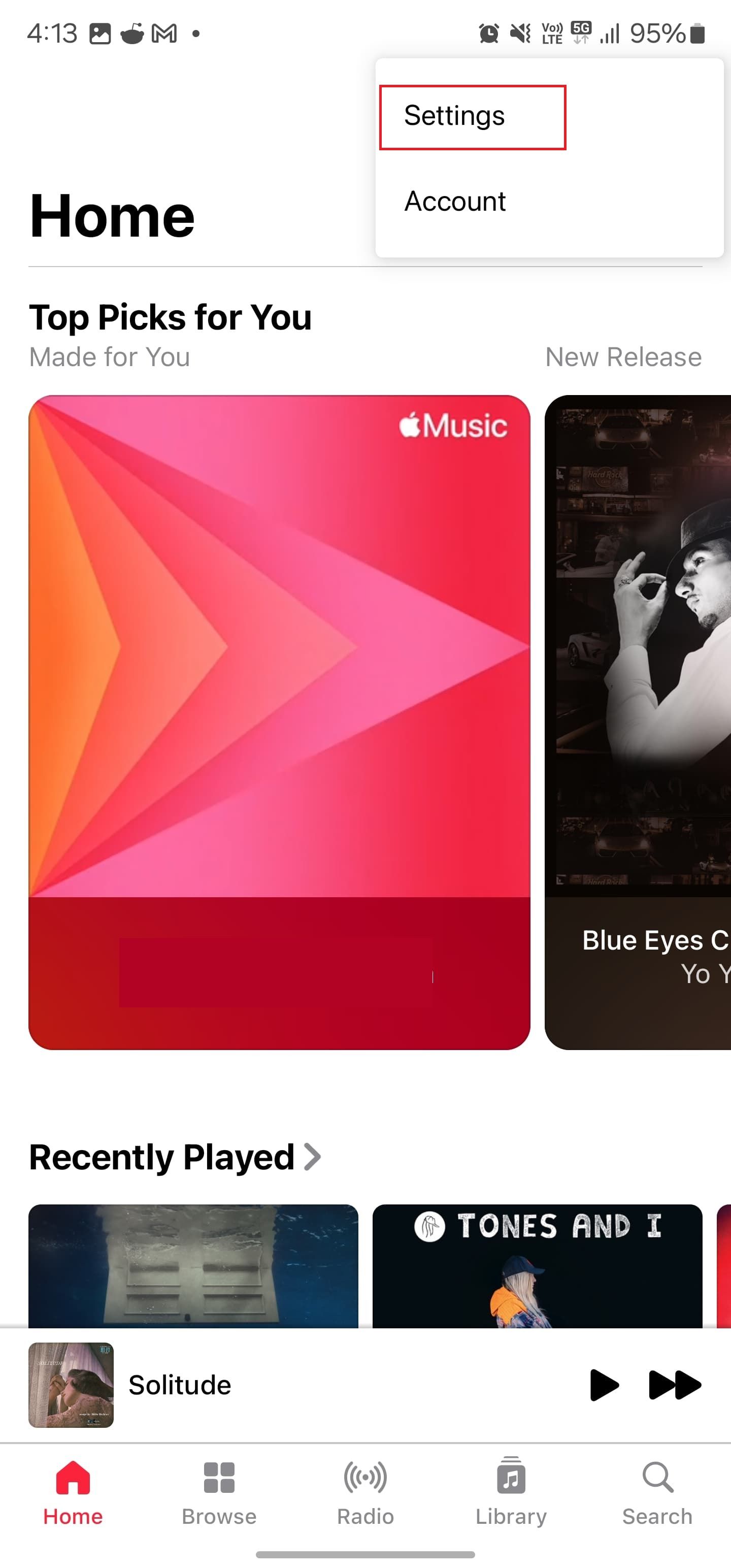 Captura de tela destacando as configurações no aplicativo Apple Music para Android