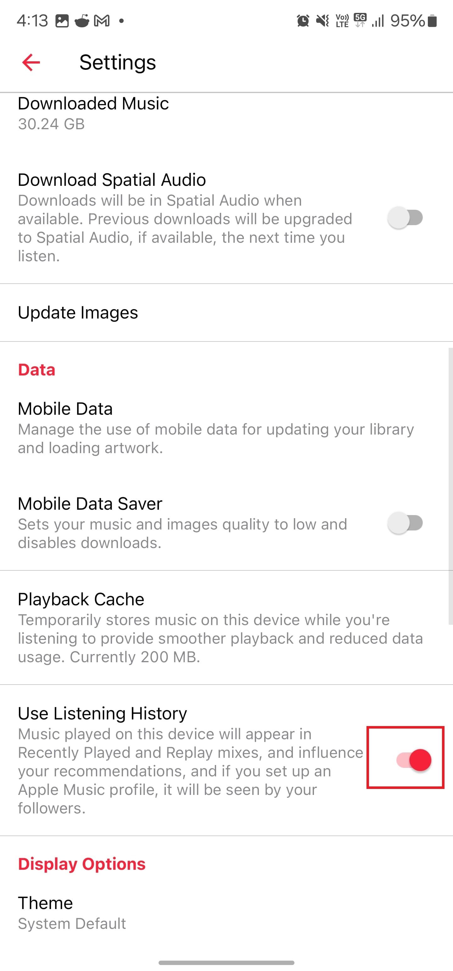 Captura de tela destacando o botão de ativação ao lado de Usar histórico de audição no aplicativo Apple Music para Android