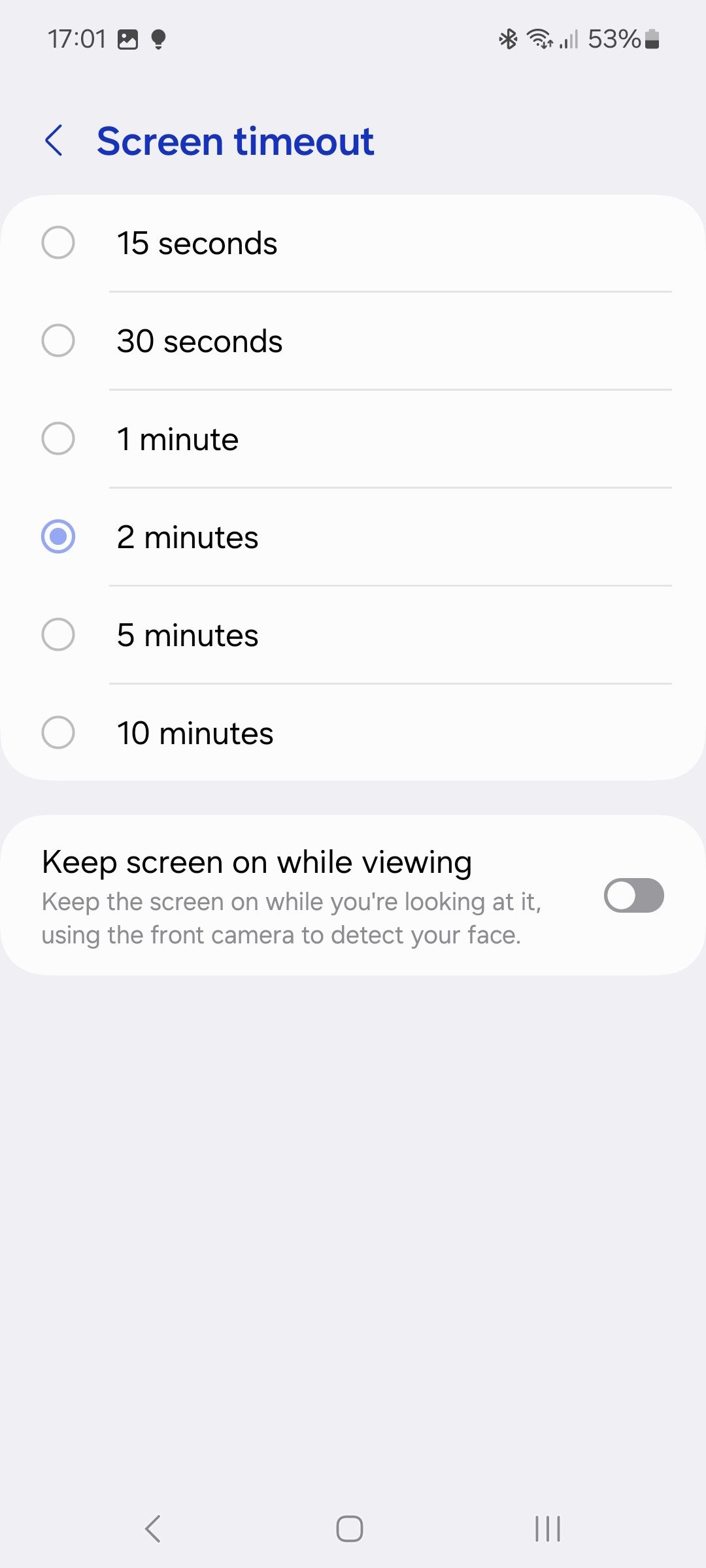 opções de tempo limite da tela nas configurações do display Samsung