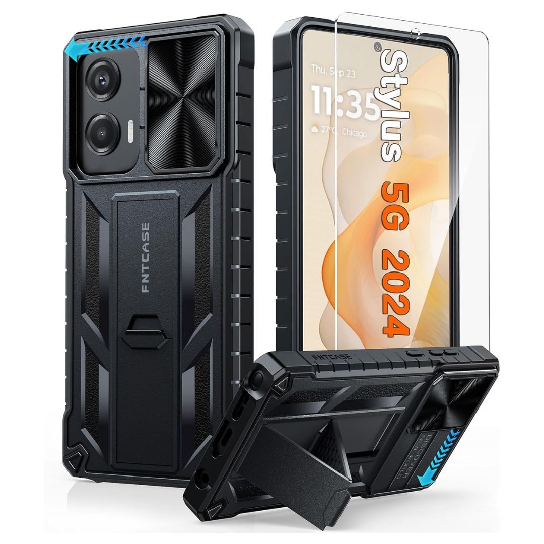 Uma capa de telefone preta com protetor de tela de vidro temperado em um dispositivo