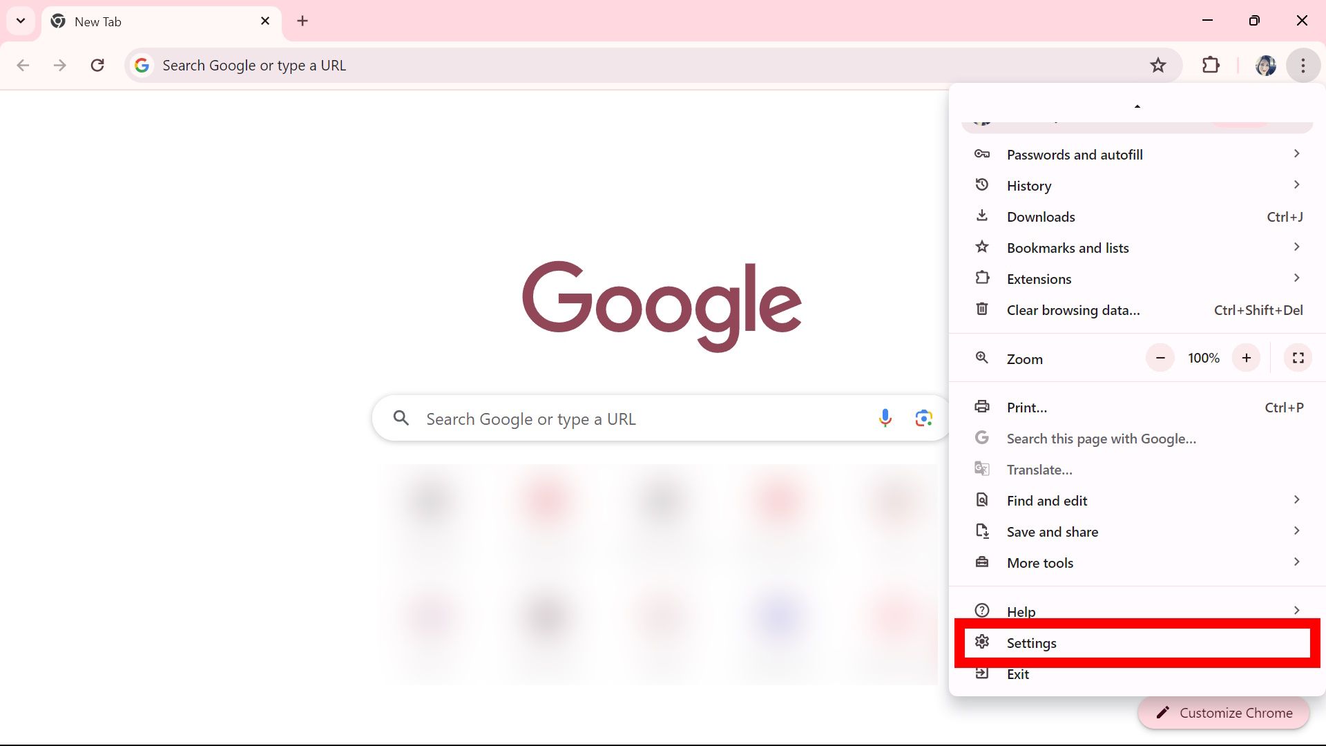 contorno de retângulo vermelho sobre as configurações no menu mais no aplicativo de desktop Google Chrome