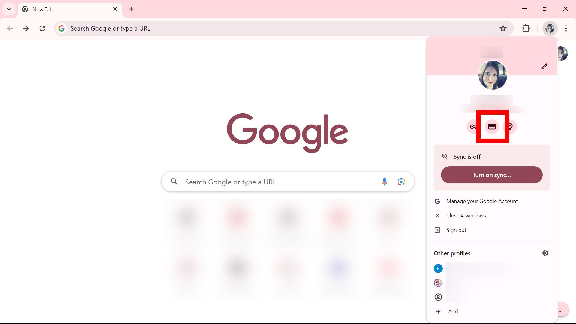 contorno de retângulo vermelho sobre o ícone do cartão em um perfil do Google no Chrome
