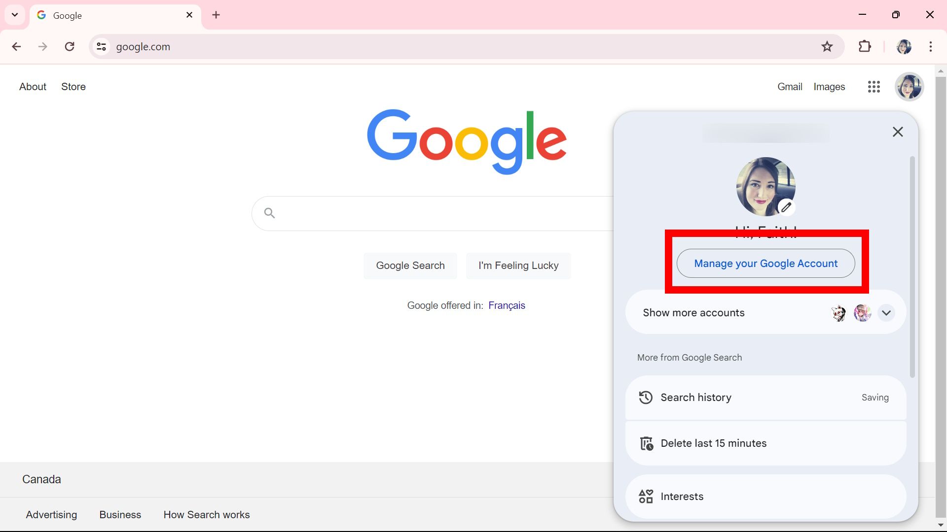 contorno de retângulo vermelho sobre como gerenciar sua conta do Google no aplicativo de desktop Google Chrome