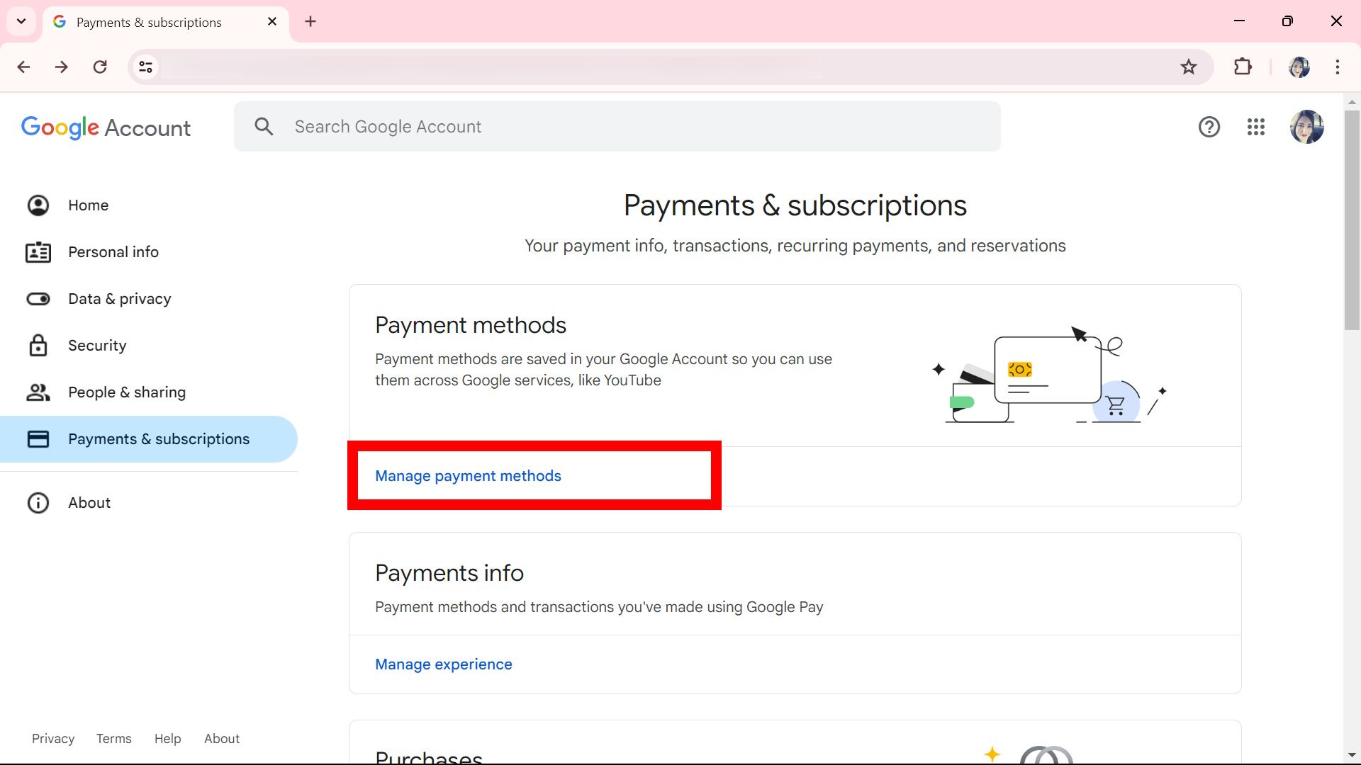 contorno de retângulo vermelho sobre como gerenciar métodos de pagamento no Google Chrome