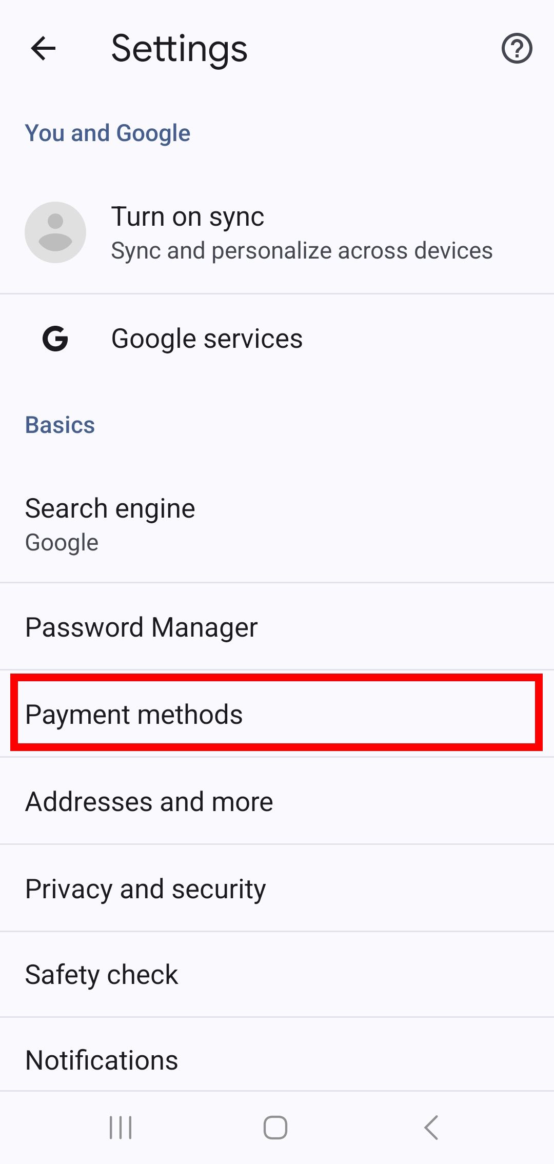 contorno de retângulo vermelho sobre métodos de pagamento nas configurações móveis do Google Chrome