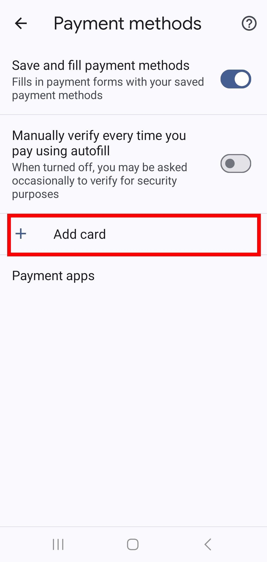 contorno de retângulo vermelho sobre a opção de adicionar cartão em métodos de pagamento
