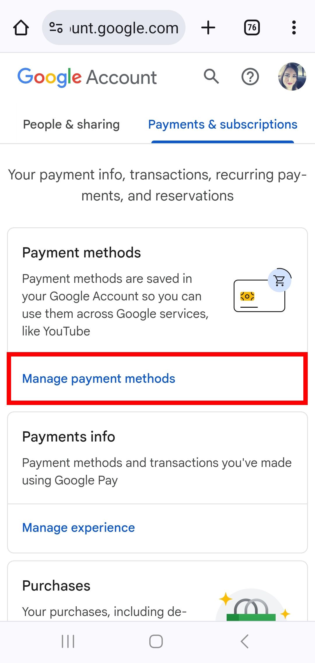 contorno de retângulo vermelho sobre como gerenciar métodos de pagamento na guia pagamentos e assinaturas em sua conta do Google