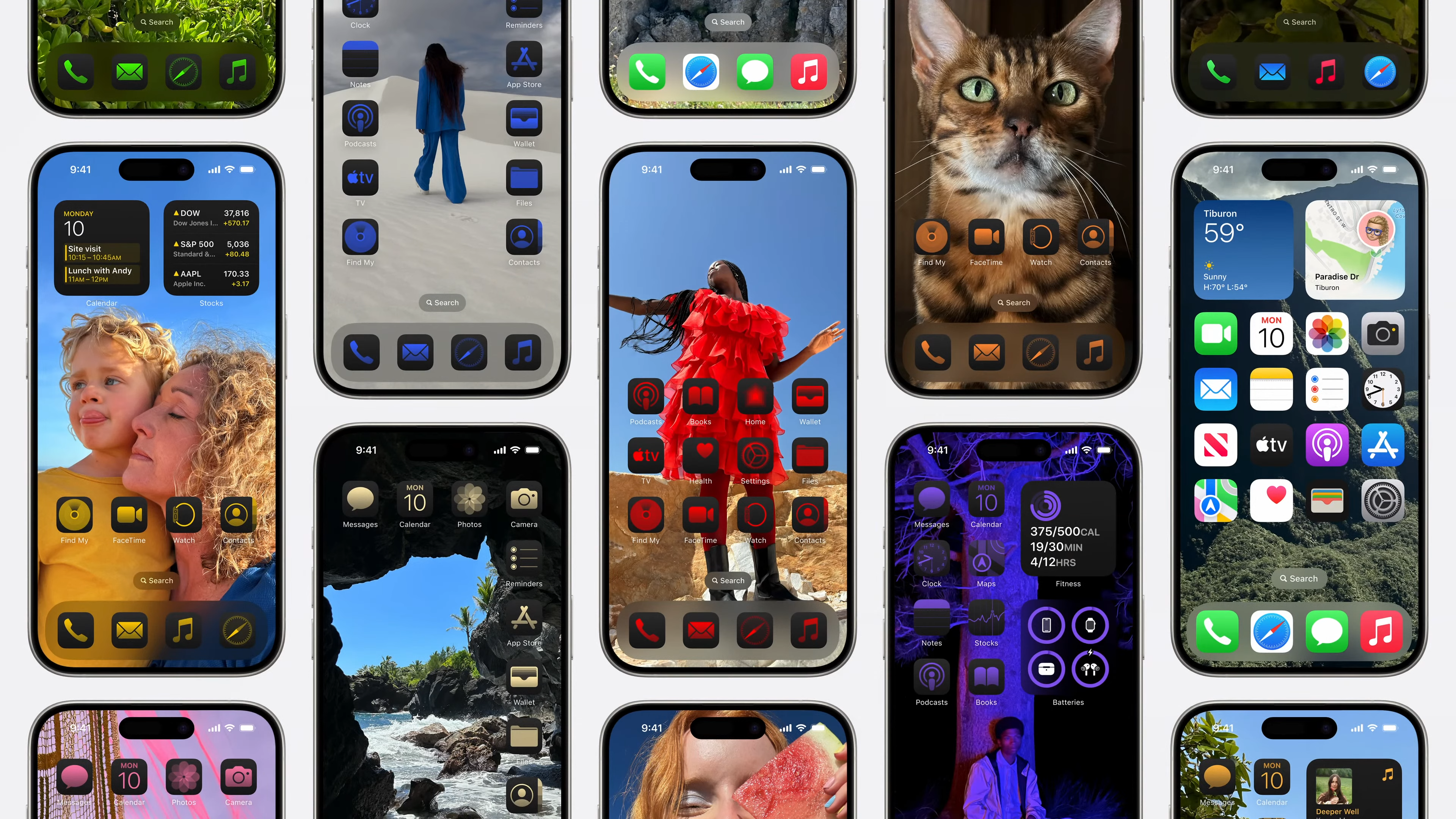 Muitas telas iniciais do iOS 18 mostradas junto com ícones temáticos.