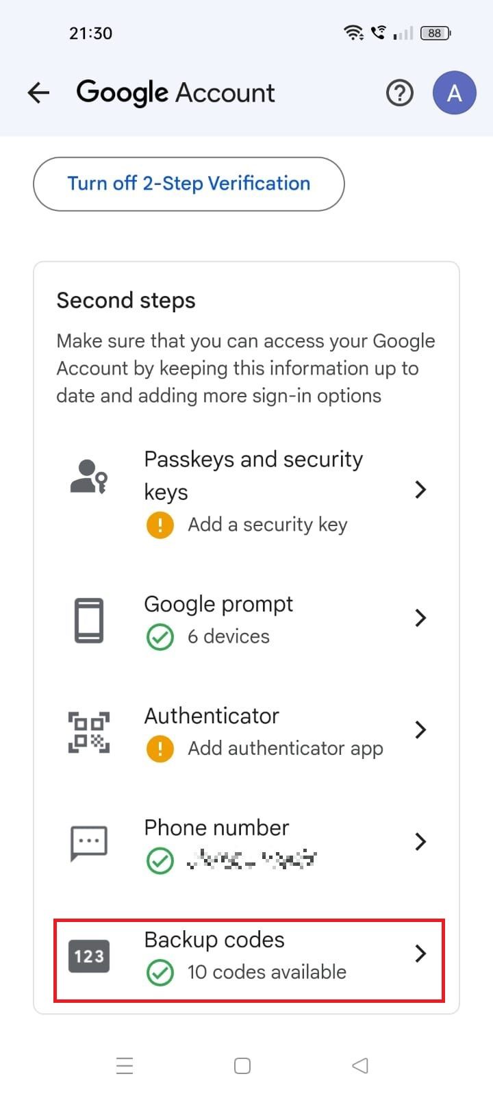 Captura de tela destacando códigos de backup nas configurações da conta do Google