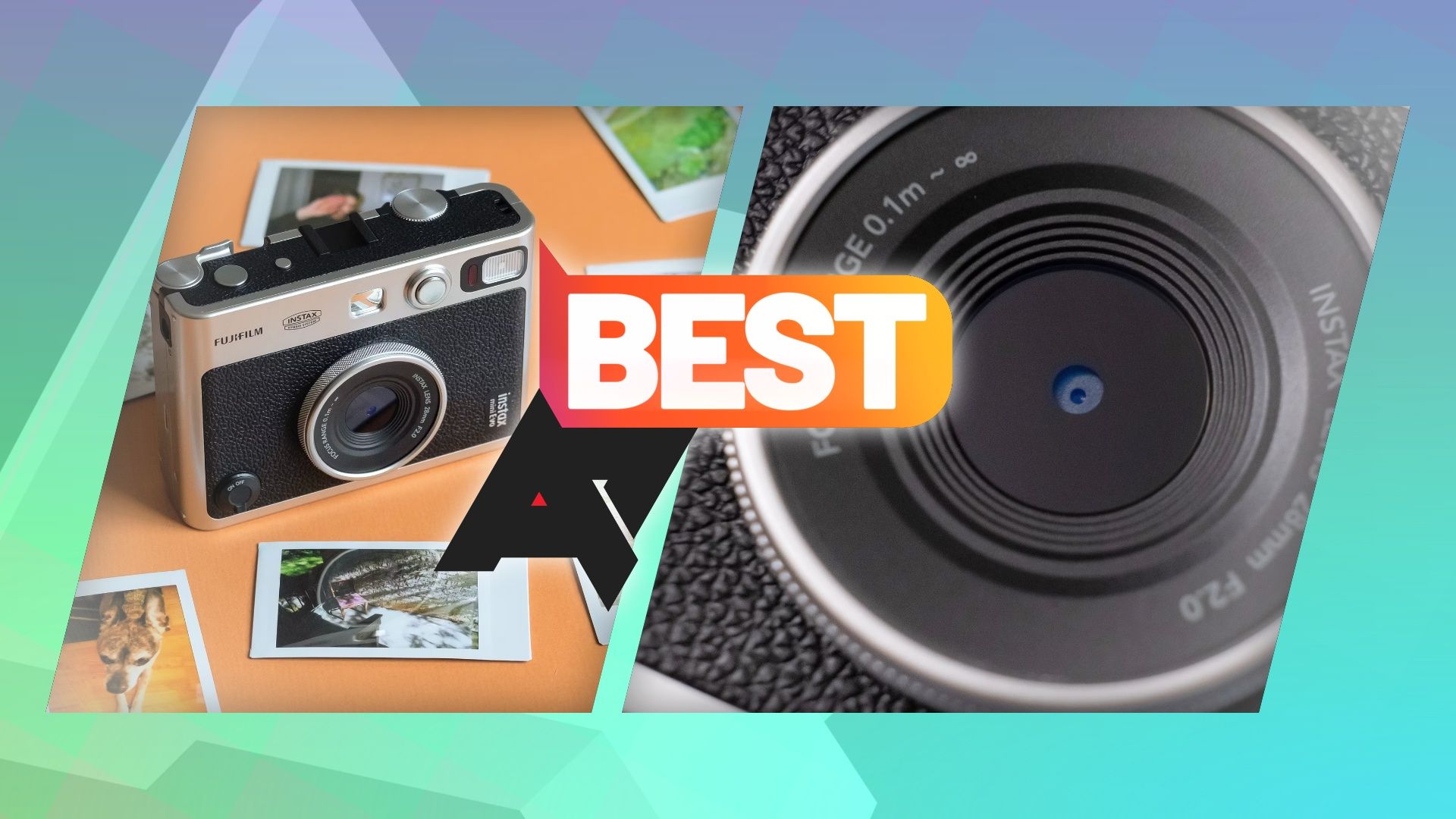 Duas fotos de uma câmera instantânea Fujifilm Instax com o logotipo 'AP Best' na frente